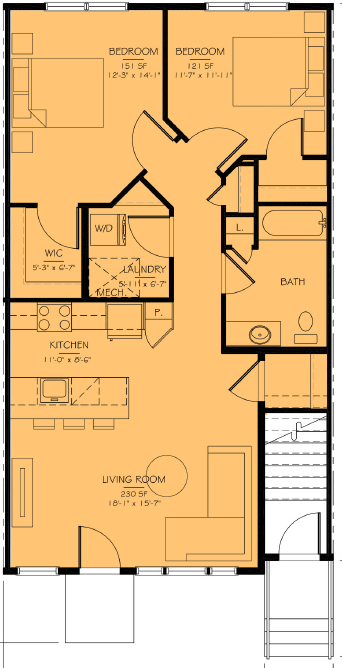 Floor plan for 2 beds, 1 bath, 943 sqft