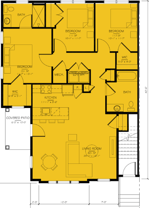 Floor plan for 3 beds, 2 baths, 1015 sqft