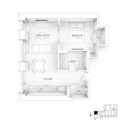 Floor plan for 1 bed, 1 bath, 601 sqft