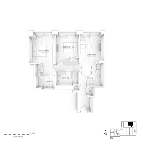 Floor plan for 2 beds, 2 baths, 903 sqft