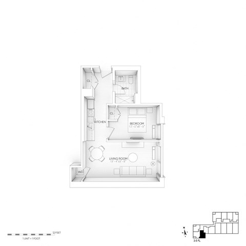 Floor plan for 1 bed, 1 bath, 583 sqft