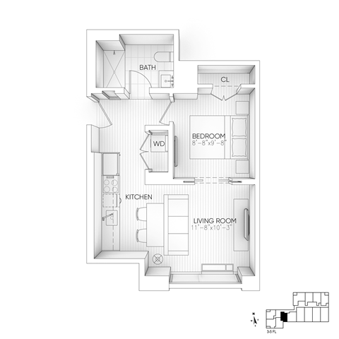 Floor plan for 1 bed, 1 bath, 450 sqft