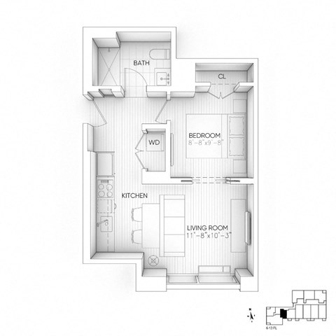 Floor plan for 1 bed, 1 bath, 450 sqft