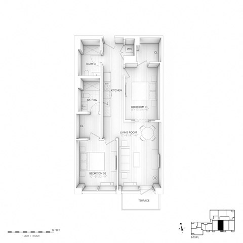 Floor plan for 2 beds, 2 baths, 901 sqft