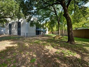 Austin apartment for rent - Outdoor yard with picnic table and mature trees at Azure Apartments, Austin, 78752