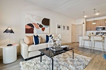 San Marcos apartment for rent - A modern living room with a white couch, a coffee table, and a large abstract painting on the wall.