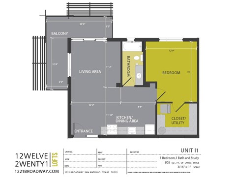 Floor plan for 1 bed, 1 bath, 805 sqft