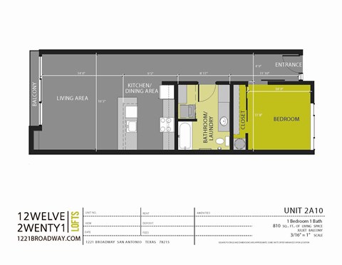 Floor plan for 1 bed, 1 bath, 810 sqft