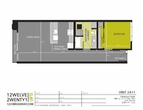 Floor plan for 1 bed, 1 bath, 803 sqft