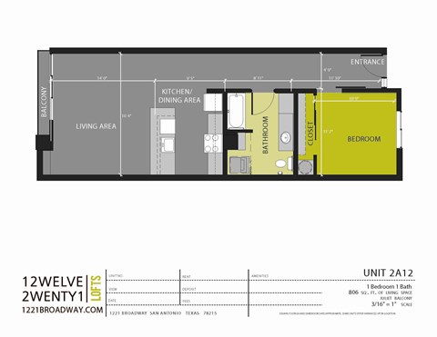 Floor plan for 1 bed, 1 bath, 806 sqft
