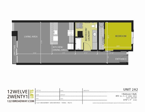 Floor plan for 1 bed, 1 bath, 810 sqft