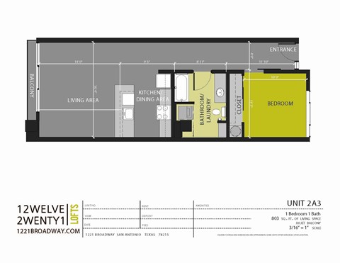 Floor plan for 1 bed, 1 bath, 803 sqft