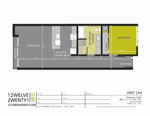 Floor plan for 1 bed, 1 bath, 805 sqft