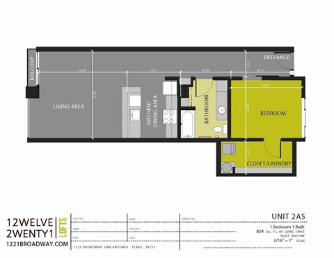 Floor plan for 1 bed, 1 bath, 834 sqft