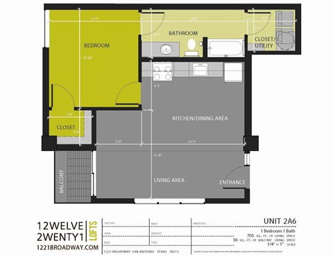 Floor plan for 1 bed, 1 bath, 705 sqft