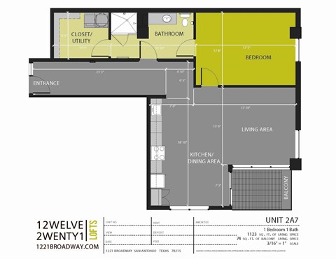 Floor plan for 1 bed, 1 bath, 1123 sqft
