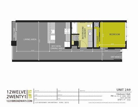 Floor plan for 1 bed, 1 bath, 794 sqft