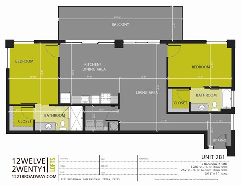 Floor plan for 2 beds, 2 baths, 1286 sqft