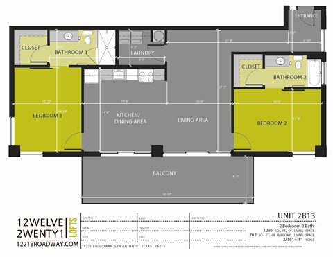 Floor plan for 2 beds, 2 baths, 1295 sqft