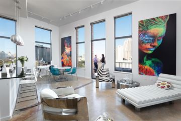 San Antonio apartment for rent - A modern living room with a white couch and a painting of a woman's face on the wall.