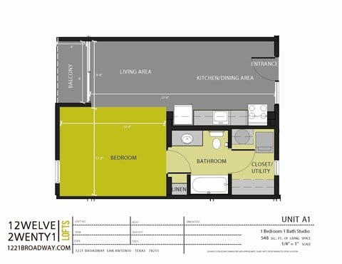 Floor plan for studio, 1 bath, 548 sqft