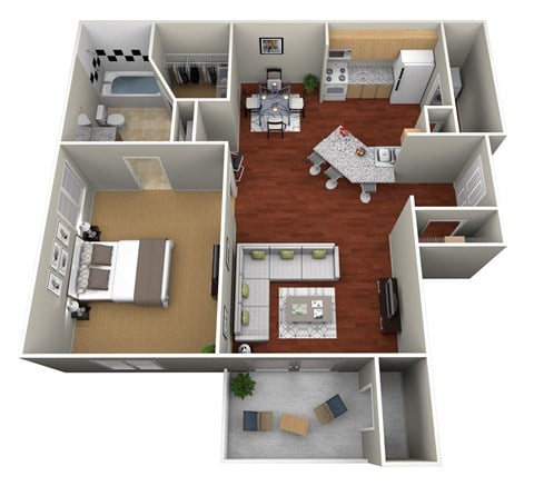 Floor plan for 1 bed, 1 bath, 630 sqft