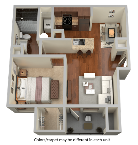 Floor plan for 1 bed, 1 bath, 623 sqft