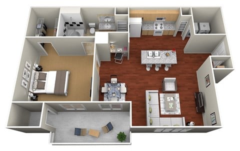 Floor plan for 1 bed, 1 bath, 729 sqft