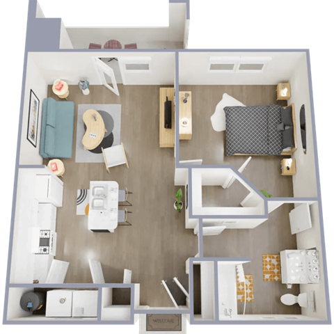 Floor plan for 1 bed, 1 bath, 801 sqft