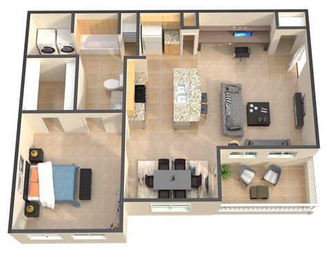 Floor plan for 1 bed, 1 bath, 716 sqft