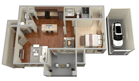 Floor plan for 1 bed, 1 bath, 726 sqft