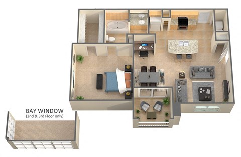 Floor plan for 1 bed, 1 bath, 778 sqft