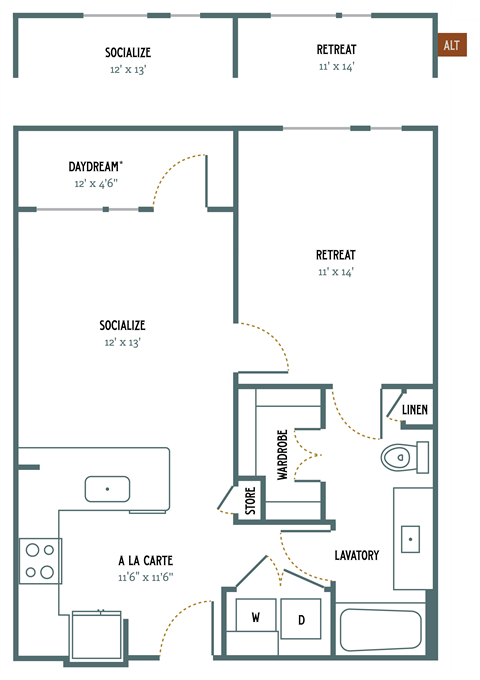 Floor plan for 1 bed, 1 bath, 698 sqft