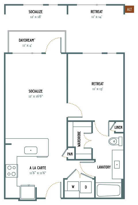 Floor plan for 1 bed, 1 bath, 730 sqft