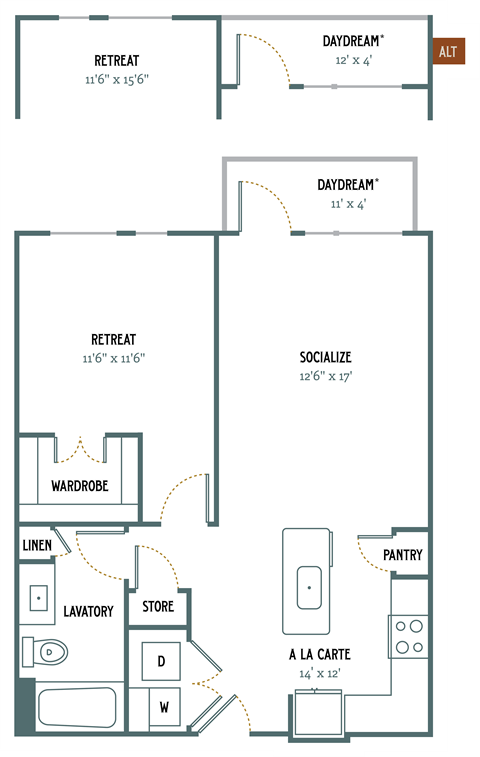 Floor plan for 1 bed, 1 bath, 807 sqft