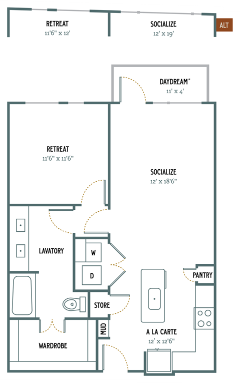 Floor plan for 1 bed, 1 bath, 802 sqft