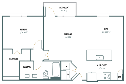 Floor plan for 1 bed, 1 bath, 855 sqft