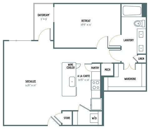 Floor plan for 1 bed, 1 bath, 928 sqft