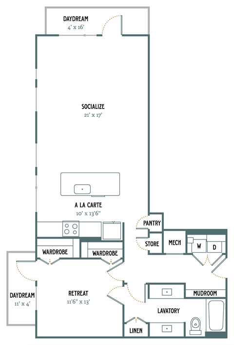 Floor plan for 1 bed, 1 bath, 1053 sqft