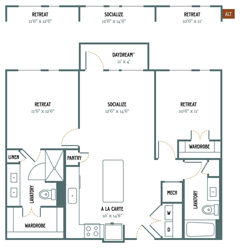 Floor plan for 2 beds, 2 baths, 1010 sqft
