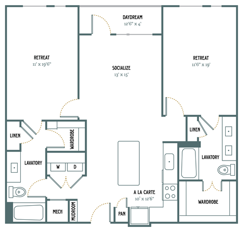 Floor plan for 2 beds, 2 baths, 1295 sqft