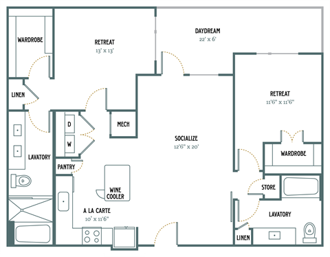 Floor plan for 2 beds, 2 baths, 1198 sqft