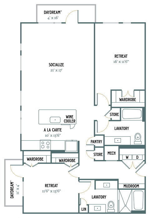 Floor plan for 2 beds, 2 baths, 1432 sqft