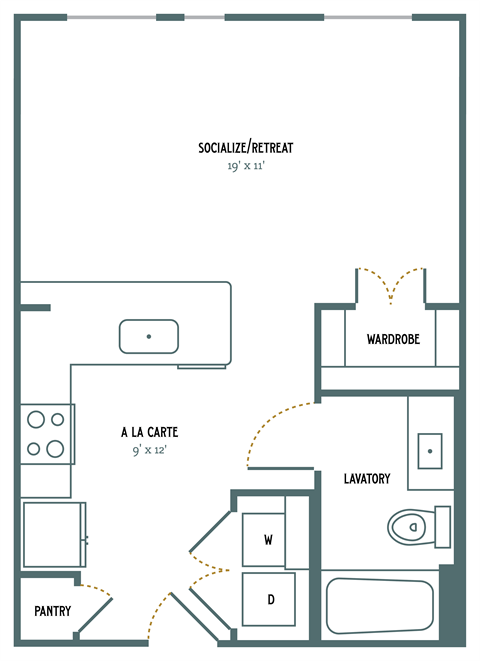 Floor plan for studio, 1 bath, 523 sqft