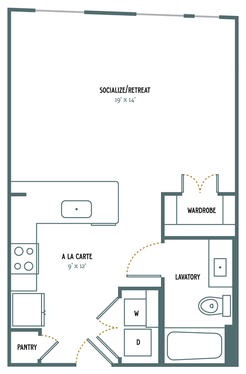 Floor plan for studio, 1 bath, 582 sqft