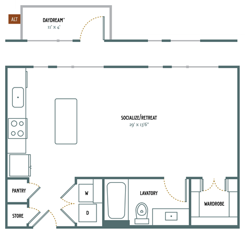 Floor plan for studio, 1 bath, 640 sqft