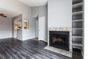 Austin apartment for rent - a living room with a fireplace and a book shelf at Northchase, Austin, TX, 78753