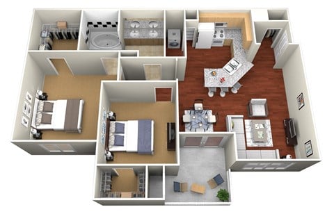 Floor plan for 2 beds, 1 bath, 902 sqft