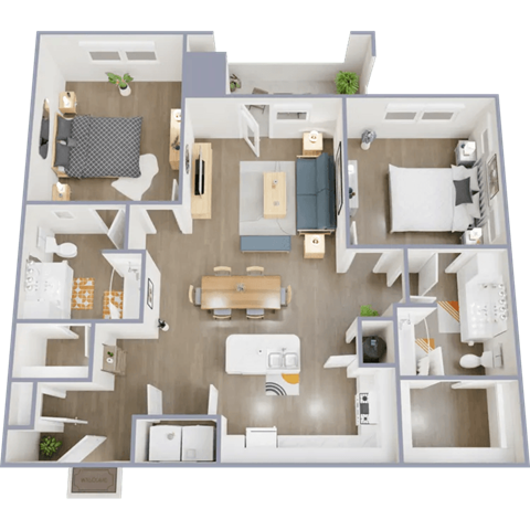 Floor plan for 2 beds, 2 baths, 975 sqft