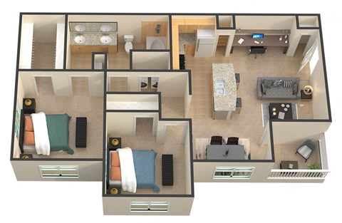 Floor plan for 2 beds, 1 bath, 906 sqft